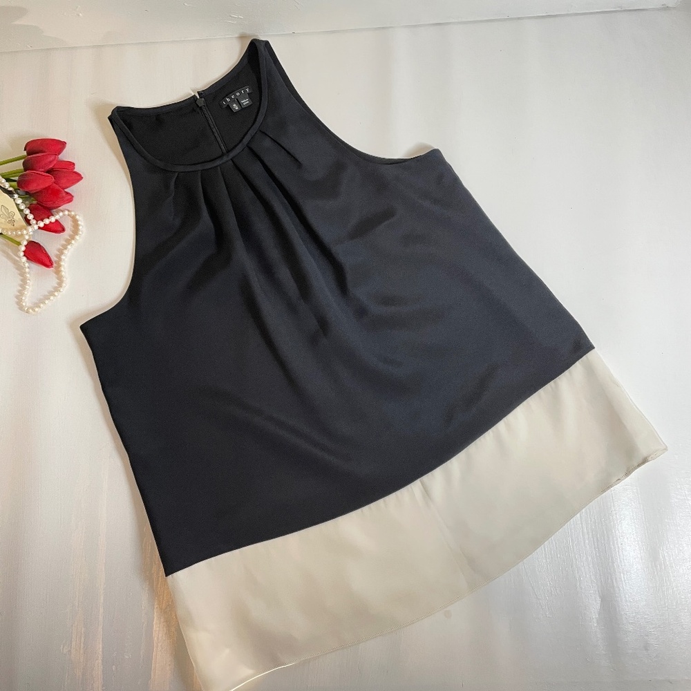 Theory Silk Blend Colorblock Women Top Medium Quiet Luxury Minimalist Blouse